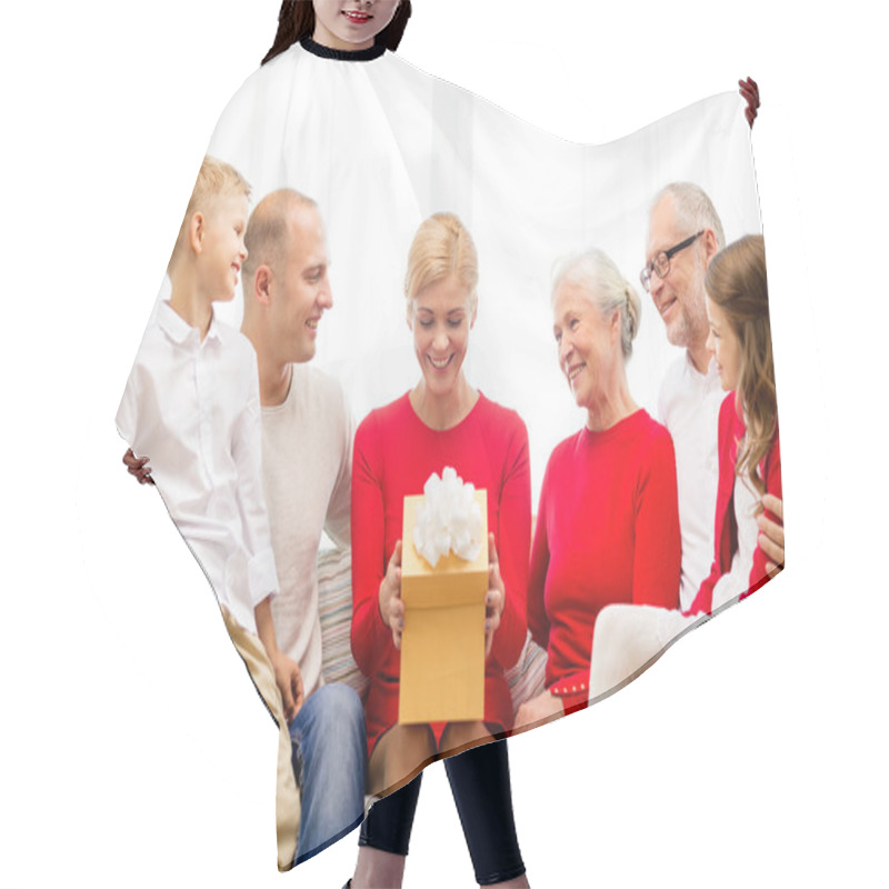 Personality  Smiling Family With Gift At Home Hair Cutting Cape