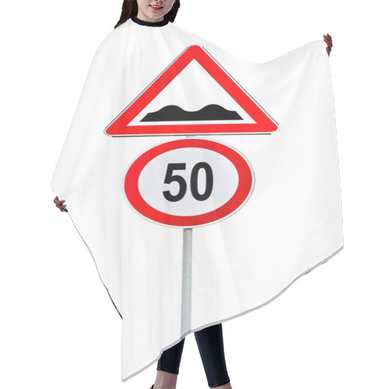 Personality  Speed Limit Sign Determining The Speed Limit 50 And Speed Bump Sign Hair Cutting Cape