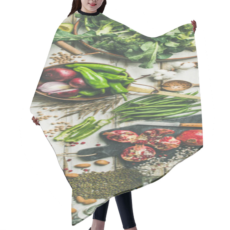 Personality  Winter Vegetarian, Vegan Food Cooking Ingredients. Flat-lay Of Vegetables, Fruits, Beans, Cereals, Kitchen Utencil, Dried Flowers, Olive Oil Over White Wooden Background, Top View. Clean Eating Food Hair Cutting Cape