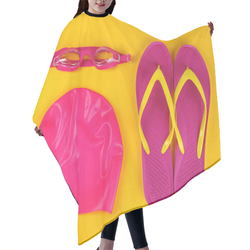 Personality  Flat Lay Composition With Swimming Accessories On Yellow Background Hair Cutting Cape