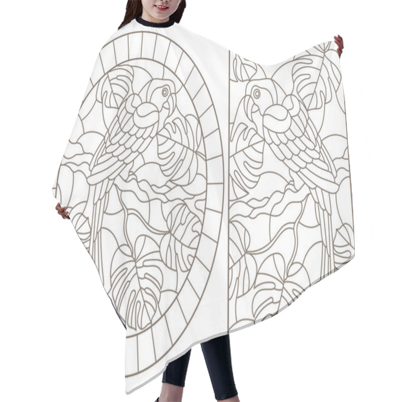 Personality  Set Contour Illustrations With Birds Parrots And Leaves Of Tropical Plants, Dark Contours On White Background Hair Cutting Cape