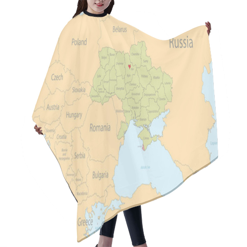 Personality  Ukraine Map With Individual Regions And Capital City, With Individual Neighboring States With Names, Classic Color Map Vector Hair Cutting Cape