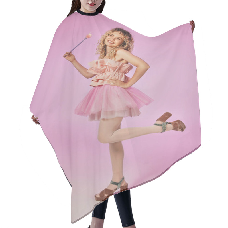 Personality  Cheerful Blonde Woman With Curly Hair In Tooth Fairy Costume Standing On One Leg On Pink Backdrop Hair Cutting Cape