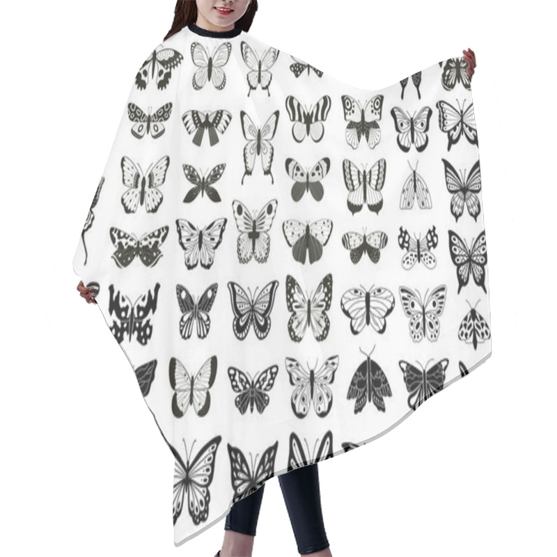 Personality  Butterflies And Moths With Detailed Patterns. Silhouette Of Flying Butterfly. Symmetrical Insect Motifs For Decoration, Packaging Or Textile Design. Black And White Vector Illustration. Hair Cutting Cape