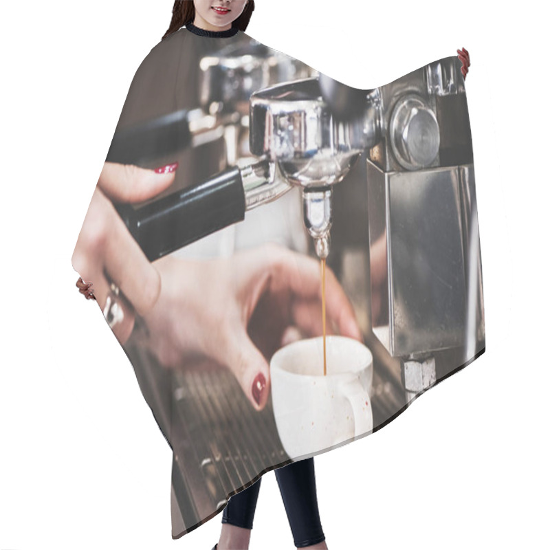 Personality  Closeup View Of Barista In Cafe Making Coffee. Hair Cutting Cape