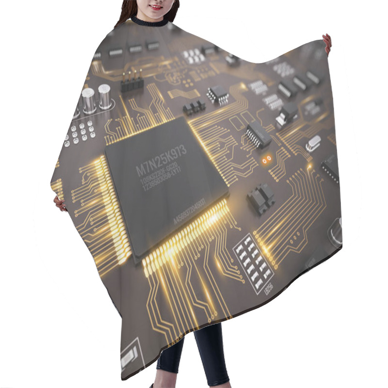 Personality  High Tech Electronic PCB (Printed Circuit Board) With Processor, Microchips And Glowing Digital Electronic Signals. 3d Illustration Hair Cutting Cape