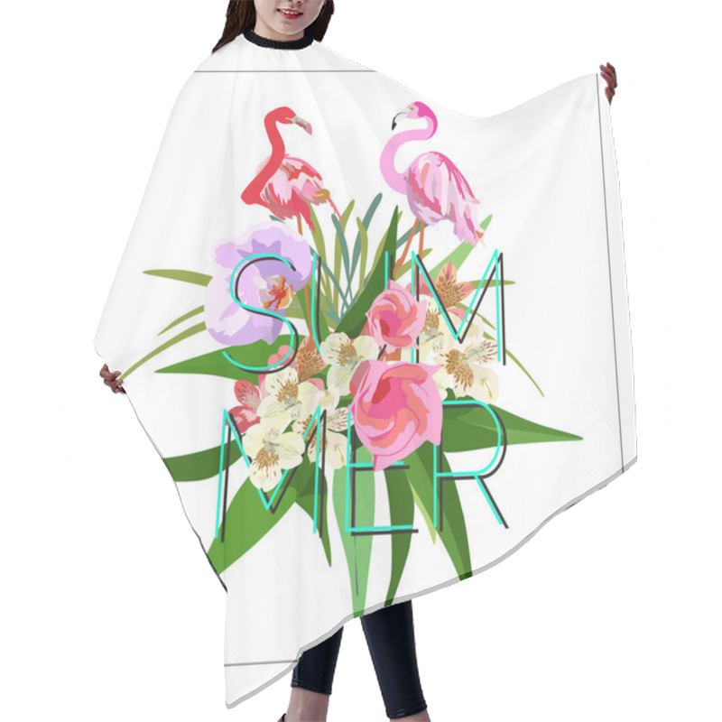 Personality  Abstract  Summer  Illustration With  Text On It And Tropical Elements, Two (red Pink)  Flamingos, Exotic Flowers And Leaves ,isolated White Background,  Color Tropical Vector Prints Hair Cutting Cape