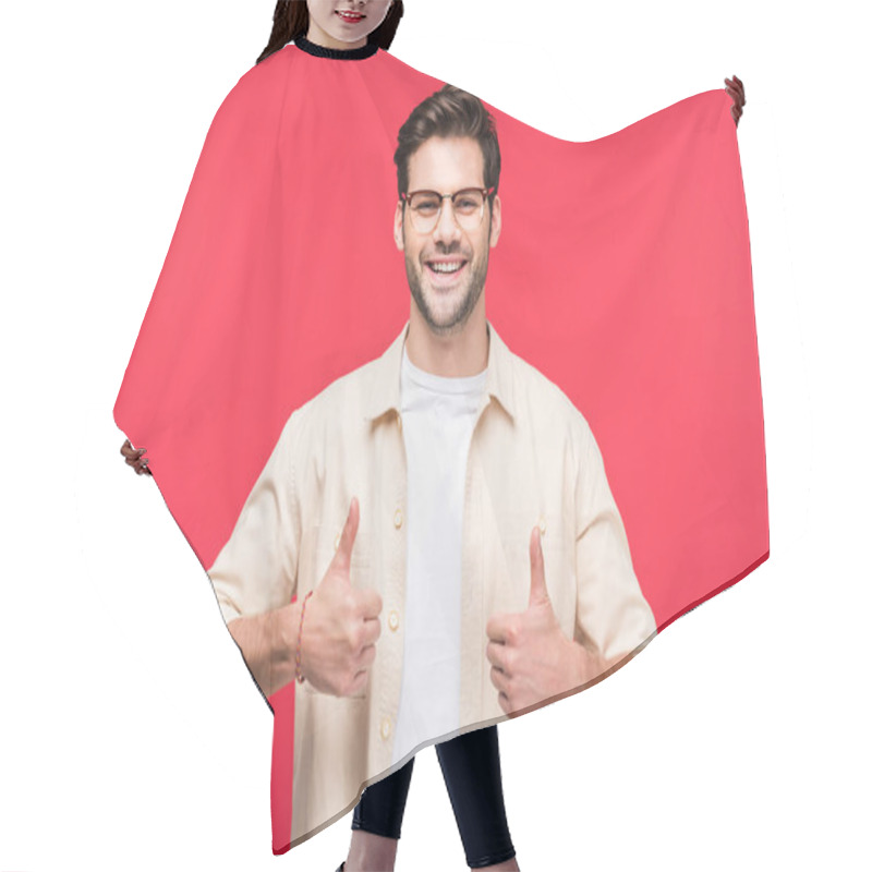 Personality  Happy Handsome Man Showing Thumbs Up Isolated On Pink Hair Cutting Cape