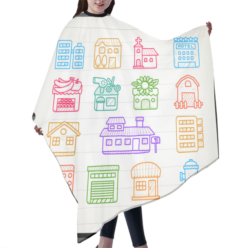 Personality  Hand Drawn Houses, Buildings,store ,travel Icons, Hair Cutting Cape