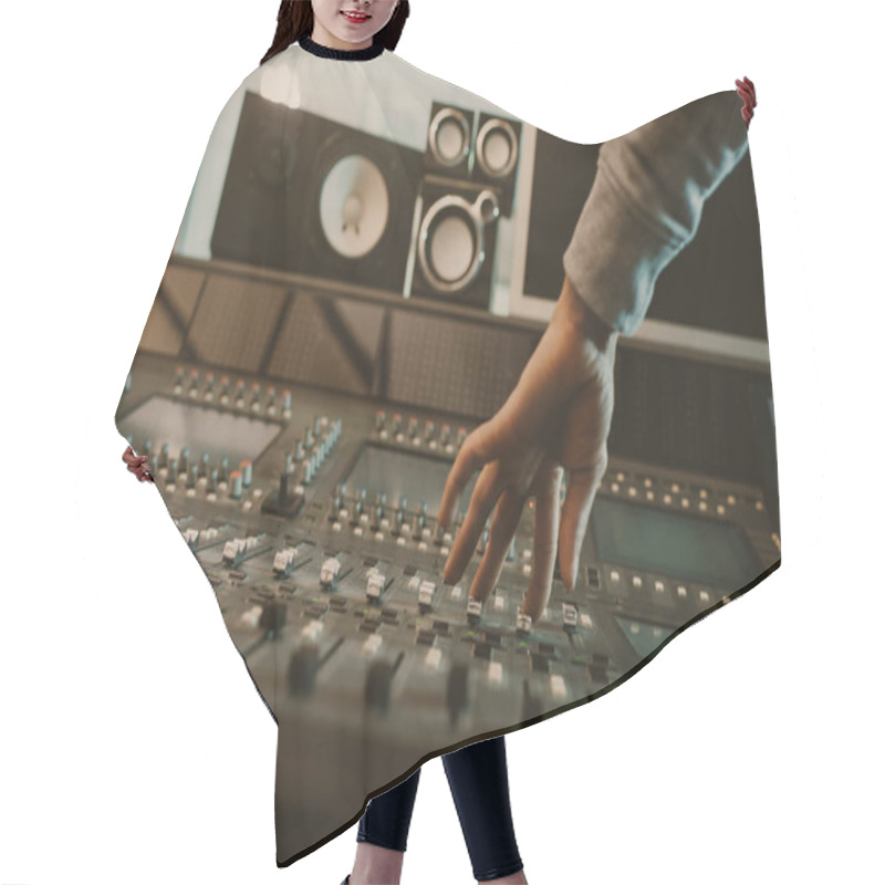 Personality  Cropped Shot Of Sound Producer Setting Graphic Equalizer At Studio Hair Cutting Cape