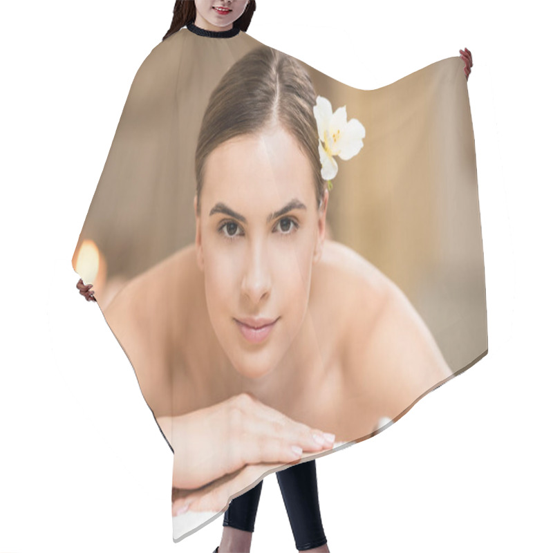 Personality  Woman Relaxing In Spa Salon Hair Cutting Cape