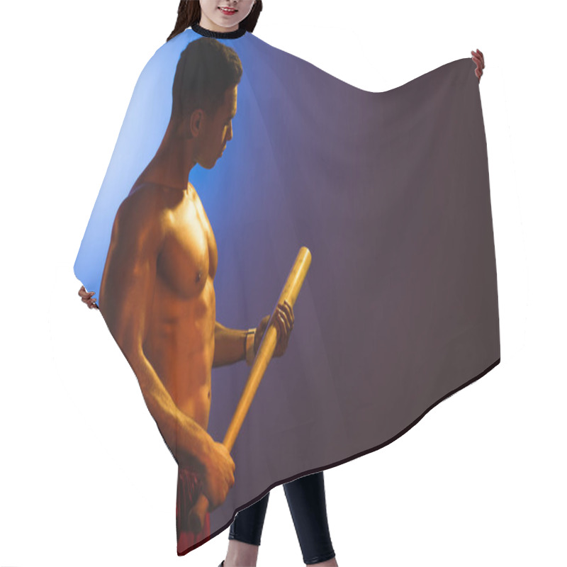 Personality  Sportive Shirtless Mixed Race Man Holding Baseball Bat On Blue And Dark Purple Gradient Background Hair Cutting Cape