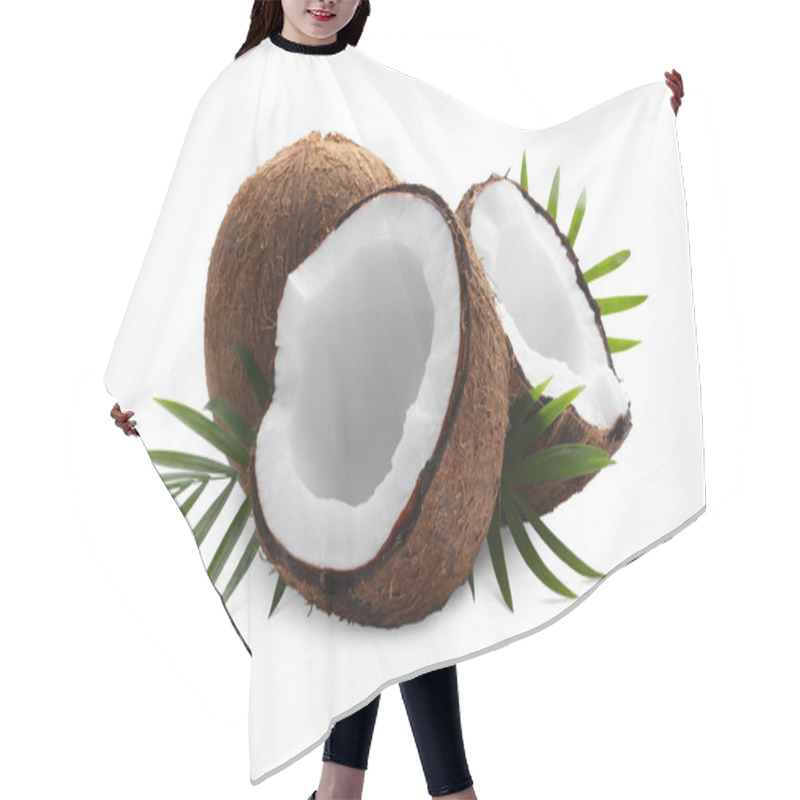 Personality  Fresh Ripe Coconuts With Green Leaves On White Background Hair Cutting Cape