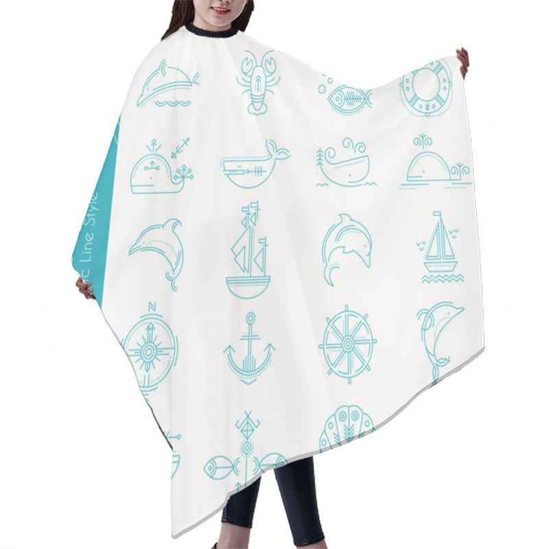 Personality  Nautical Icon Set, Minimalistic Flat Design With Thin Strokes Hair Cutting Cape