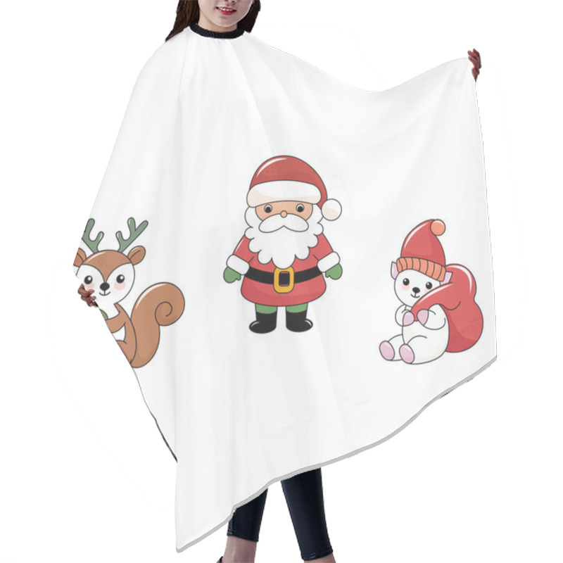 Personality  Cute Cartoon-style Christmas Illustration. A Set Of Festive Items: Santa Claus, Christmas Tree, Gifts, Christmas Tree Toy, Polar Bear With A Bag Of Gifts, Reindeer, Lollipop, Snow Globe With Fireplace, Christmas Sock With Gifts. Bright And Colorful E Hair Cutting Cape