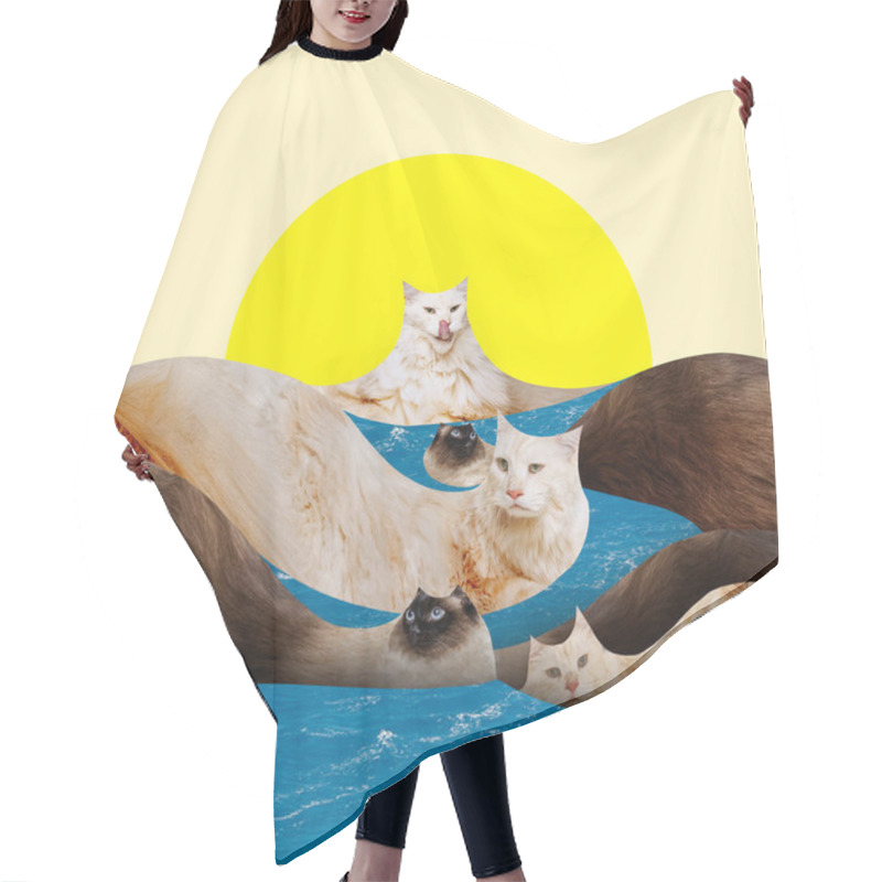 Personality  Beautiful, Funny, Purebred Cats In Image Of Mountains Over Abstract Background. Contemporary Art Collage. Concept Of Surrealism, Futurism, Creativity, Animals, Imagination. Ad. Creative Design Hair Cutting Cape