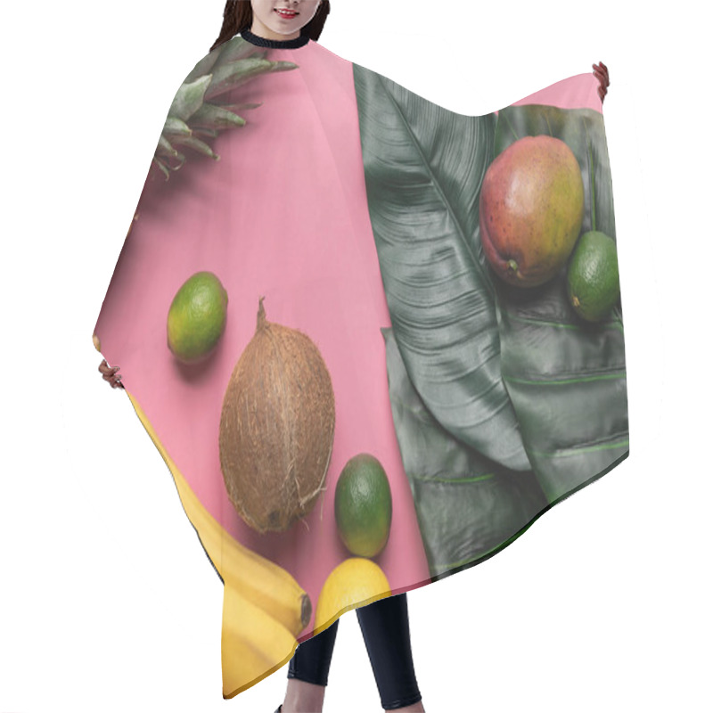 Personality  Whole Ripe Tropical Fruits With Green Leaves On Pink Background Hair Cutting Cape