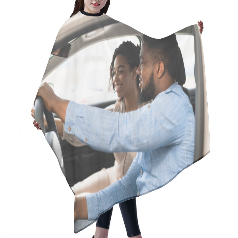 Personality  Afro Spouses Sitting In Car Choosing Family Auto In Dealership Hair Cutting Cape