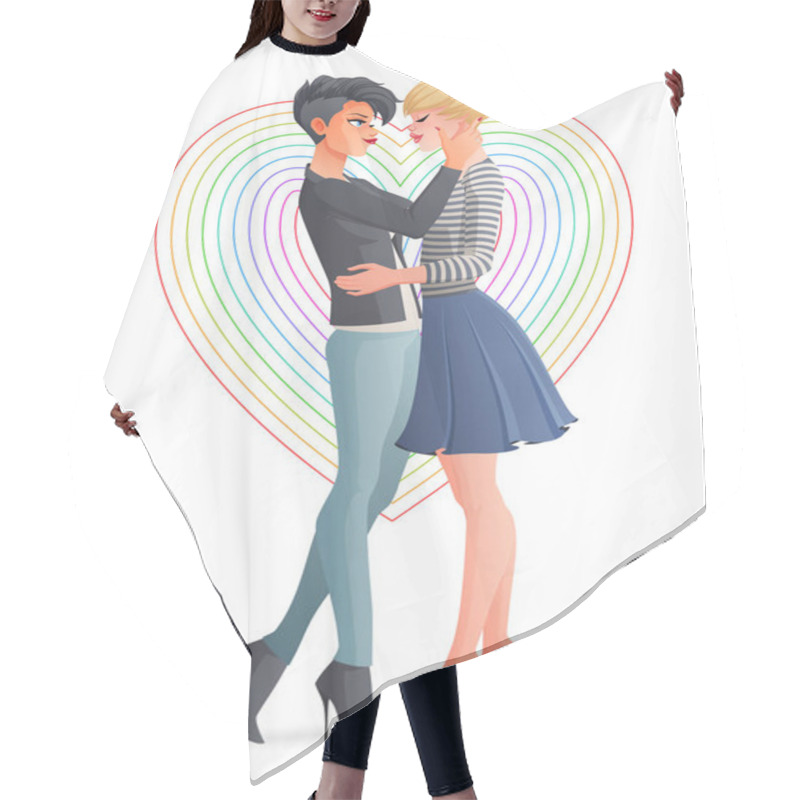 Personality  Cheerful Beautiful Gay Lesbian Homosexual Couple. Vector Illustration. Hair Cutting Cape