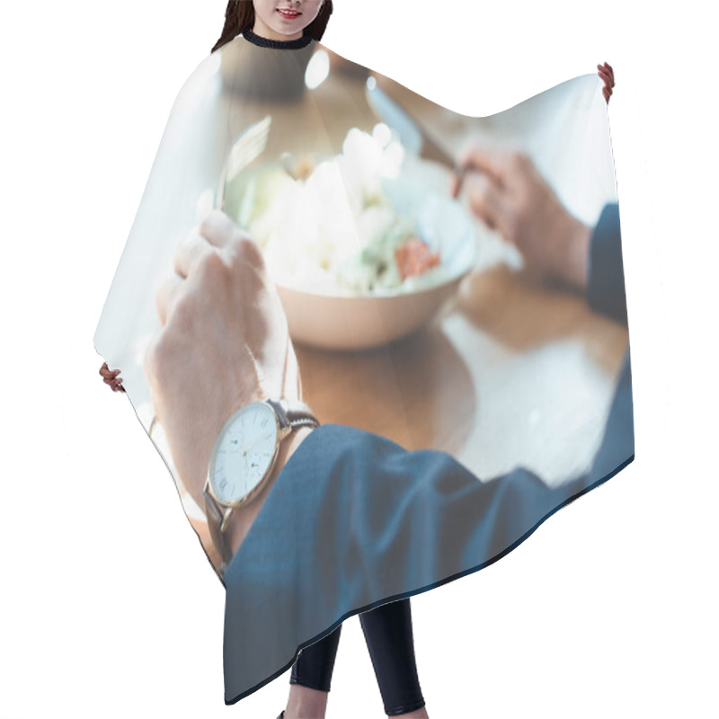 Personality  Cropped Shot Of Businessman At Table With Served Lunch In Restaurant Hair Cutting Cape