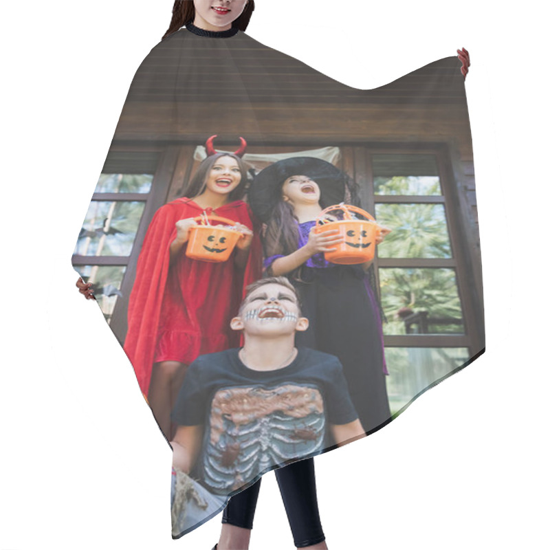 Personality  Excited Kids In Scary Halloween Costumes Holding Buckets With Sweets And Screaming On Porch Hair Cutting Cape