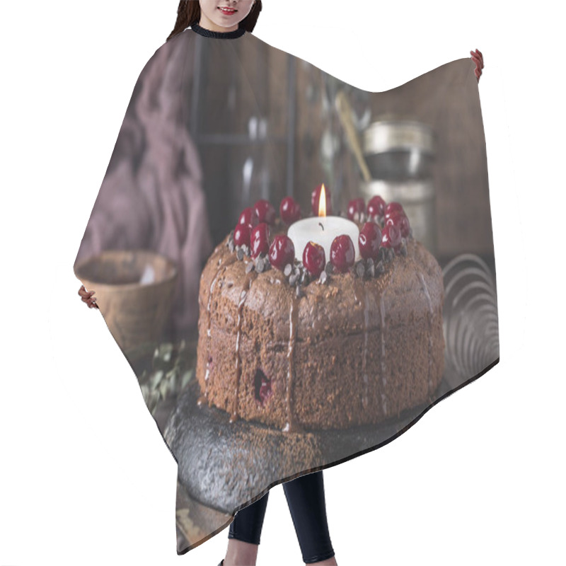 Personality  Chocolate Cherry Cake With Big Candle  Hair Cutting Cape