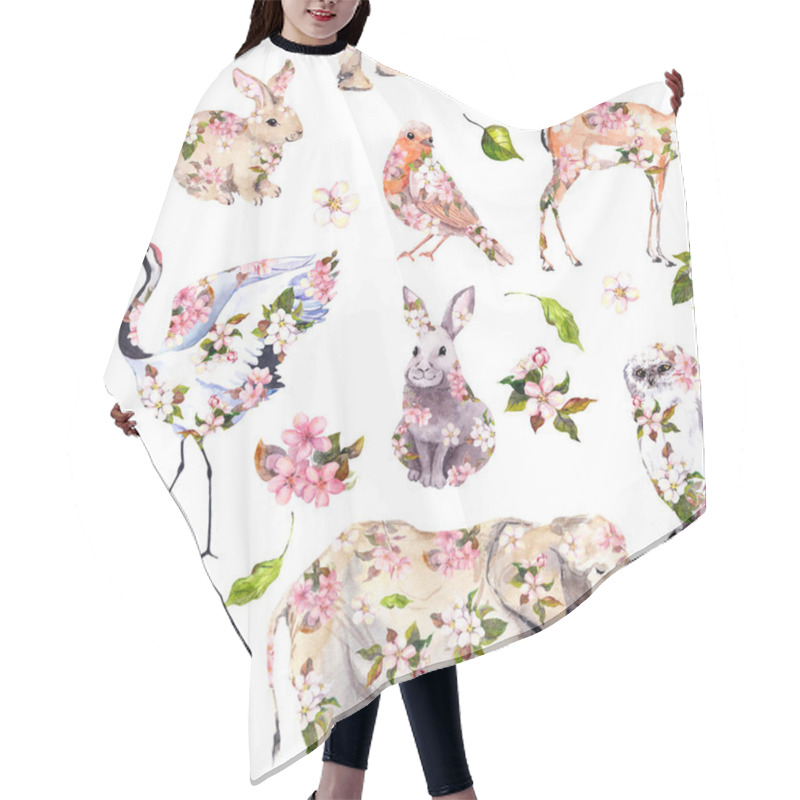 Personality  Cute Animals In Pink Spring Flowers. Floral Seamless Pattern. Feminine, Girly Watercolor Hair Cutting Cape