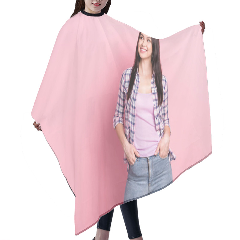 Personality  Portrait Of Lovely Cheerful Girl Creating Strategy Copy Empty Space Ad Isolated Over Pink Pastel Color Background Hair Cutting Cape