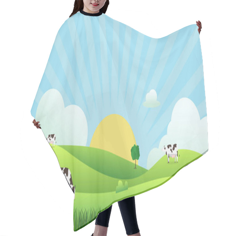 Personality  Meadow Landscape With Cow Eating Grass, Vector Illustration.Green Field And Sky Blue And Sun Shine With White Cloud Background.Beautiful Nature Scene With Sunrise.Cow With Natural Scene. Hair Cutting Cape