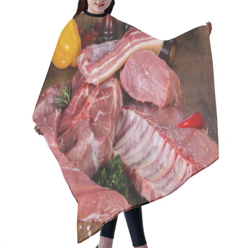 Personality  Raw Pork Meat Over Wooden Background Hair Cutting Cape