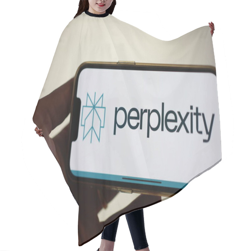 Personality  Roosendaal, The Netherlands - February 2, 2025: A Mobile Phone Screen Displaying The Logo Of Perplexity AI, A Conversational AI Search Engine, With The Company Website In The Background. Hair Cutting Cape