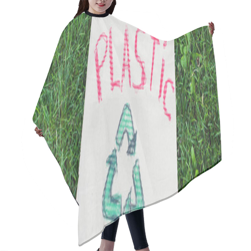 Personality  Horizontal Crop Of Plastic Lettering And Recycle Sign On Placard On Green Grass Outdoors, Ecology Concept Hair Cutting Cape