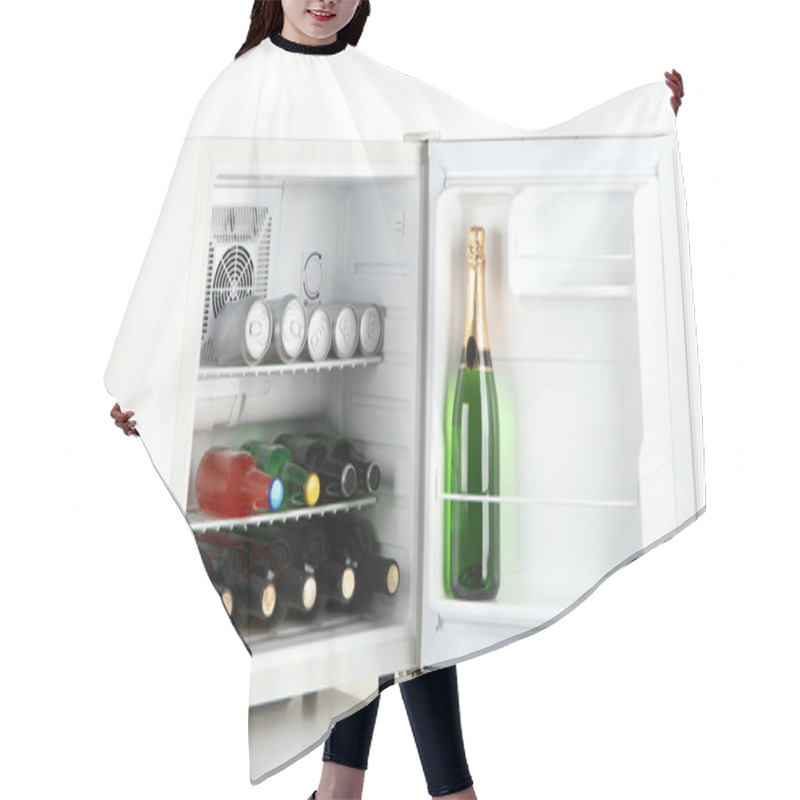 Personality  Mini Fridge Full Of Bottles Of Alcoholic Beverages Isolated On White Hair Cutting Cape