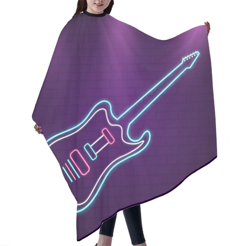 Personality  Isolated Blue Neon Light Guitar On Purple Brick Wall. Hair Cutting Cape