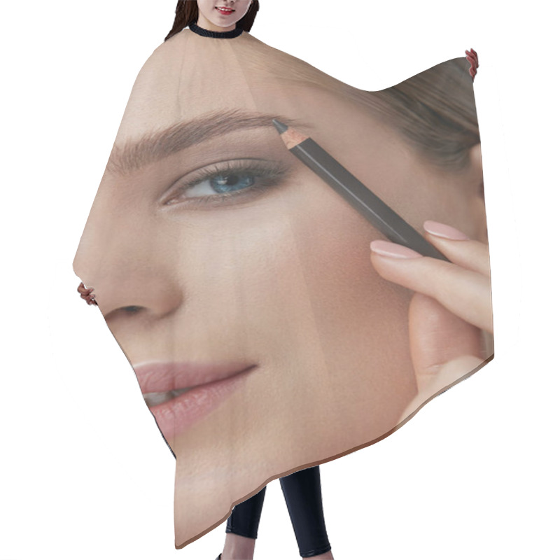 Personality  Eyebrow Makeup. Beauty Model Shaping Brows With Brow Pencil Hair Cutting Cape