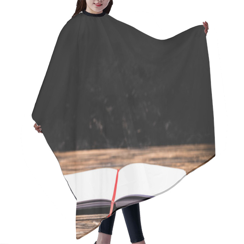 Personality  Open Book With Red Bookmark On Wooden Table Hair Cutting Cape