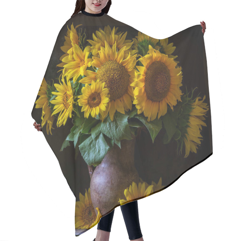 Personality  Beautiful Yellow Sunflower Still Life Bouquet  In A Clay Jug Ceramic Rustic Style Oil Honey Dark Photo Background Wooden Table Vintage. Retro. Low Key Autumn Flowers Hair Cutting Cape