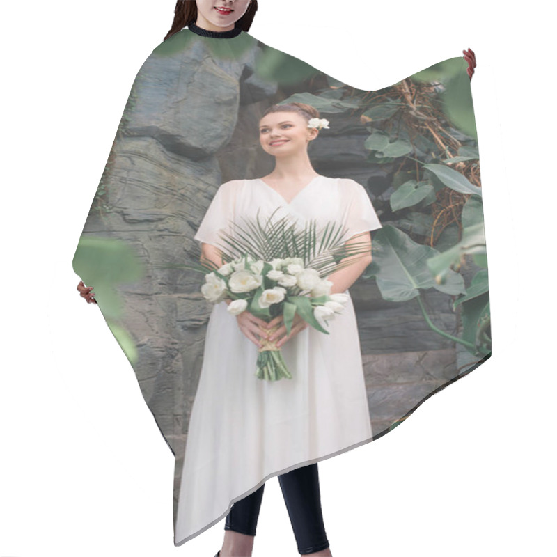 Personality  Smiling Bride Posing In White Dress With Wedding Bouquet Hair Cutting Cape