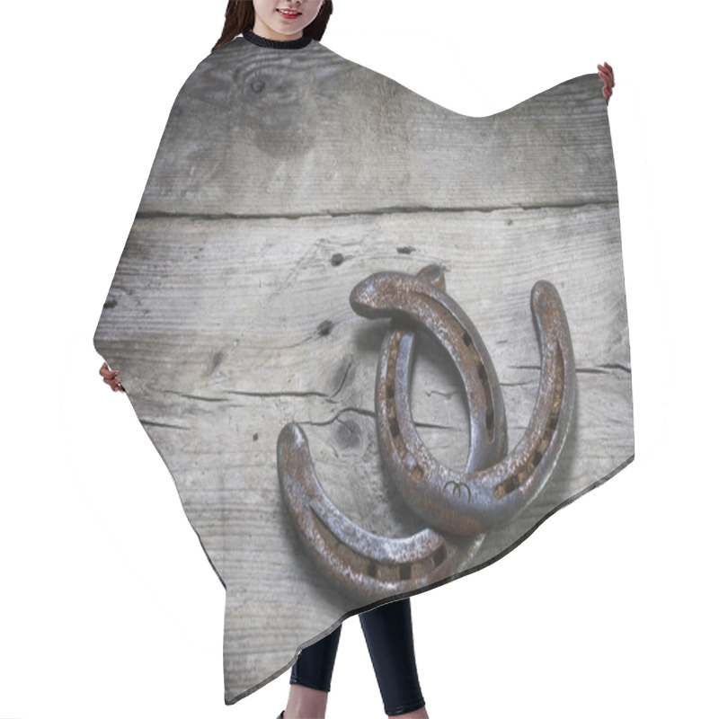 Personality  Lucky Horseshoes With Rust Intertwined On Gray Rustic Wooden Planks Hair Cutting Cape