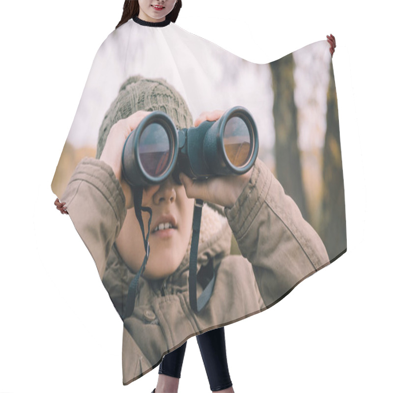 Personality  Kid Looking Through Binoculars On Nature Hair Cutting Cape