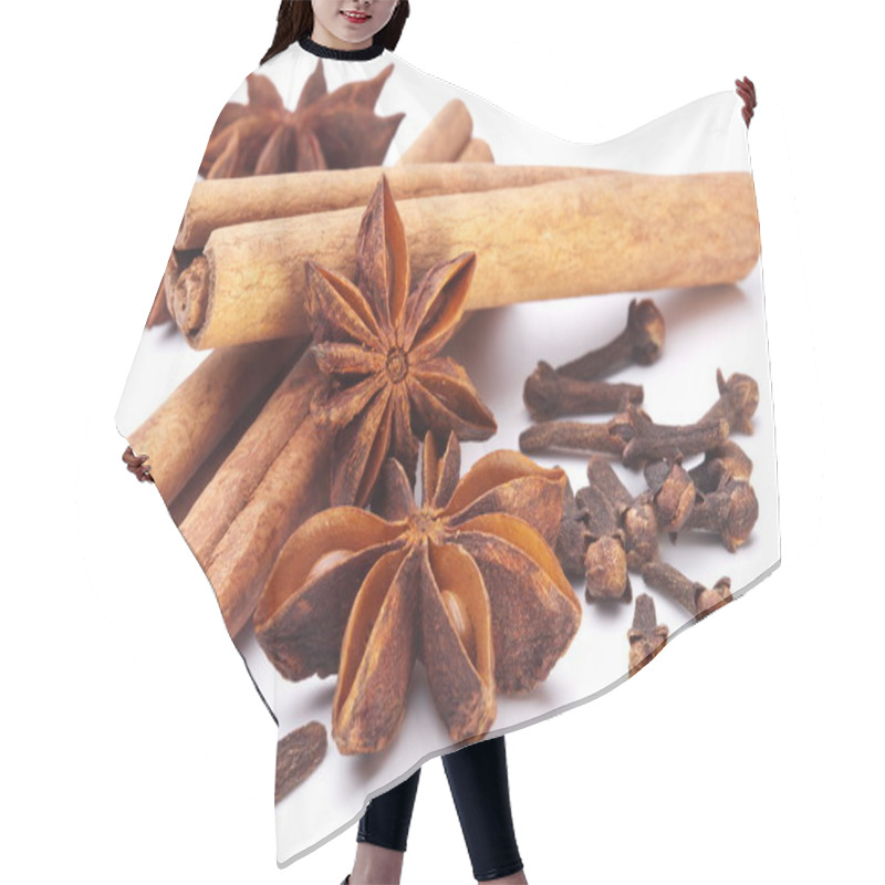 Personality  Cloves, Anise And Cinnamon Isolated On White Background. Hair Cutting Cape