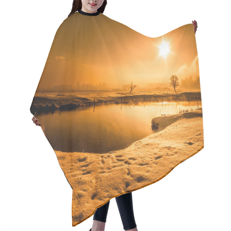 Personality  Winter River Landscape, Moody Scenery With Morning Sun Reflection In The Water Hair Cutting Cape