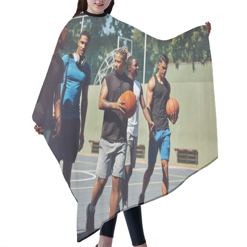 Personality  Sports, Team And Basketball Player Friends Walking Off Together After Street Game, Competition Or Practice Match. Basketball Court, Fitness And Black People Talking After Workout Or Training Exercise. Hair Cutting Cape