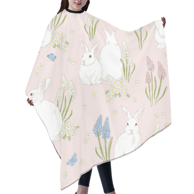 Personality  Cute Bunny In Spring Bloomy Garden Vector Seamless Pattern. Hair Cutting Cape