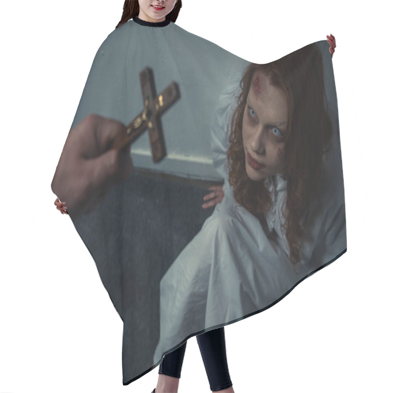 Personality  Exorcist Holding Cross In Front Of Obsessed Girl Hair Cutting Cape