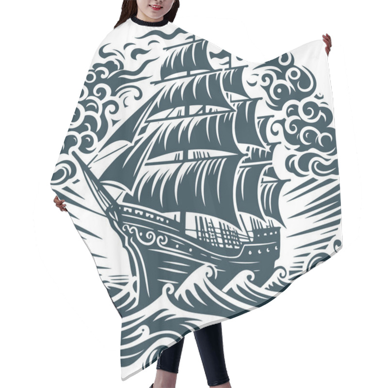 Personality  Traditional Engraved Depiction Of A Ship Battling Rough Seas Hair Cutting Cape