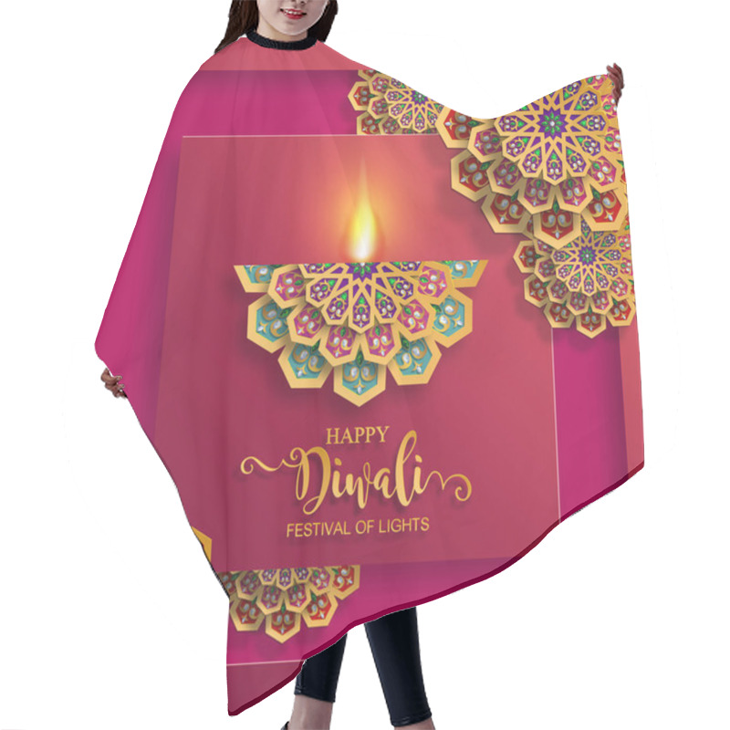 Personality  Happy Diwali Festival Card With Gold Diya Patterned And Crystals On Paper Color Background. Hair Cutting Cape