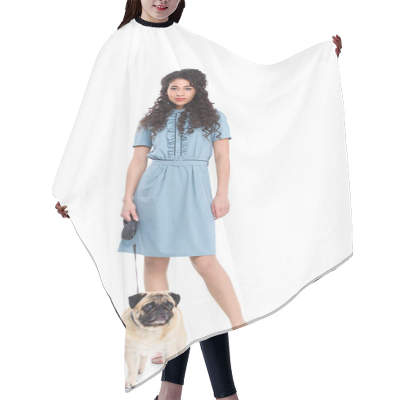 Personality  Stylish Young Woman With Leashed Pug Isolated On White Hair Cutting Cape