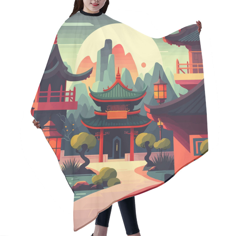 Personality  Happy Chinese New Year Background Asian Chinese Japan Temple Castle And Mountains Illustration Background Hair Cutting Cape