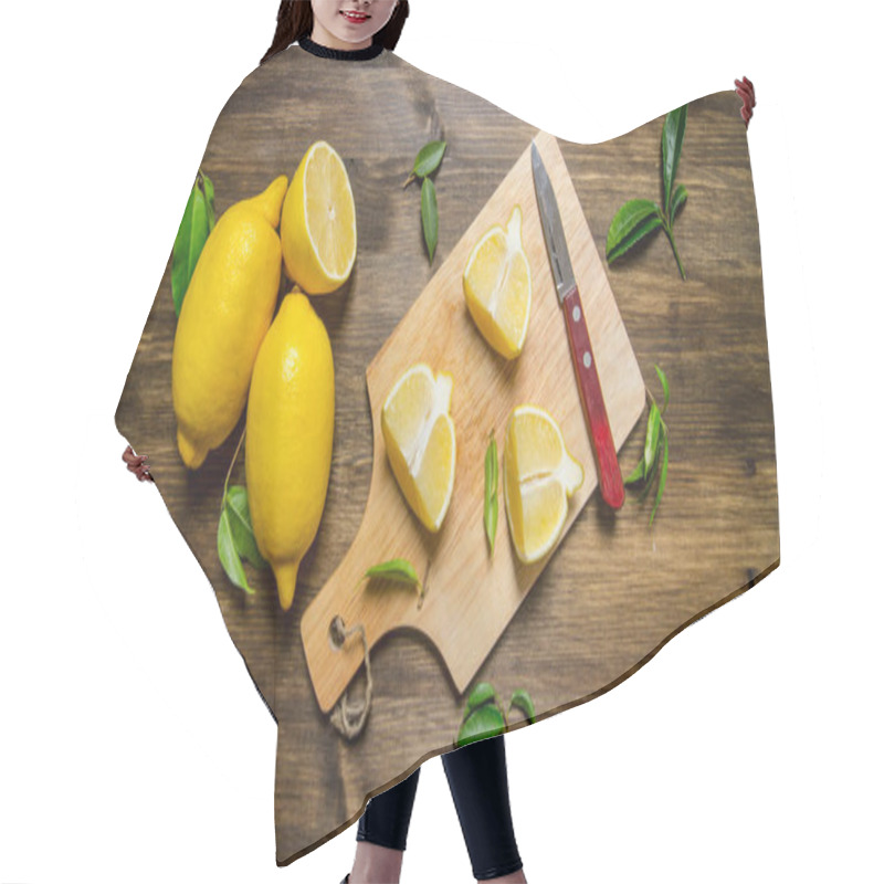 Personality  Sliced Lemon On The Board With Leaves.  Hair Cutting Cape